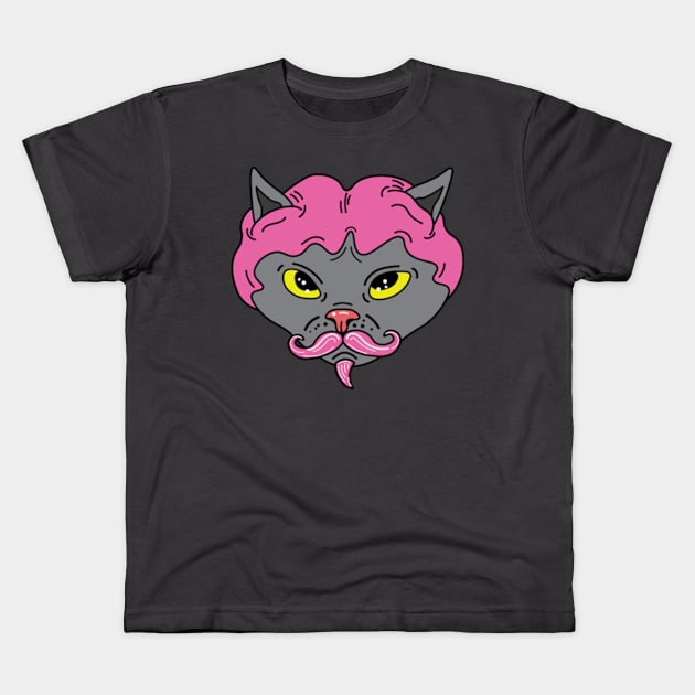 Cat with wig, hairless cat with wig, cat with a mustache Kids T-Shirt by Sourdigitals